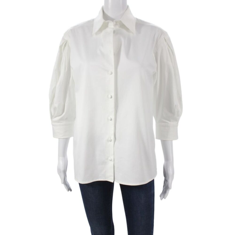 Max Mara Women Basic Collared Button-Up White Cotton 3/4 Sleeve Size 6